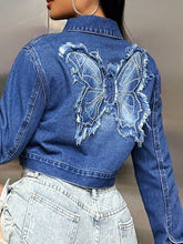 Butterfly Patch Long Sleeve Cropped Denim Top OutfitFlow